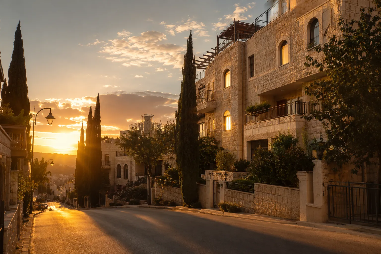 רחוב מגורים שקט בבית שמש באור שקיעה